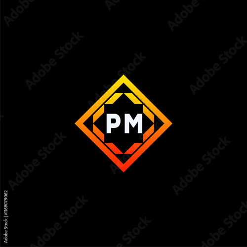 Free Download PM initials dynamic geometric logo design features a bold lettering sign in an orange and black color scheme, displayed against a dark background - GFXLoad
