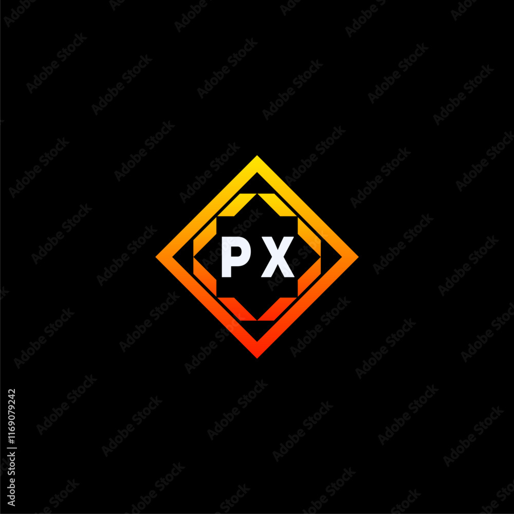 PX initials dynamic geometric logo design features a bold lettering sign in an orange and black color scheme, displayed against a dark background PX initials dynamic geometric logo design features a bold lettering sign in an orange and black color scheme, displayed against a dark background