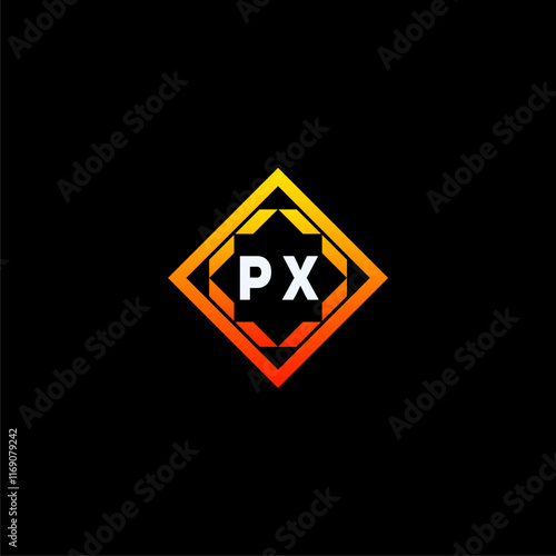 Free Download PX initials dynamic geometric logo design features a bold lettering sign in an orange and black color scheme, displayed against a dark background - GFXLoad