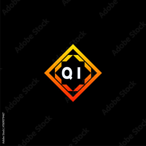Free Download QI initials dynamic geometric logo design features a bold lettering sign in an orange and black color scheme, displayed against a dark background - GFXLoad