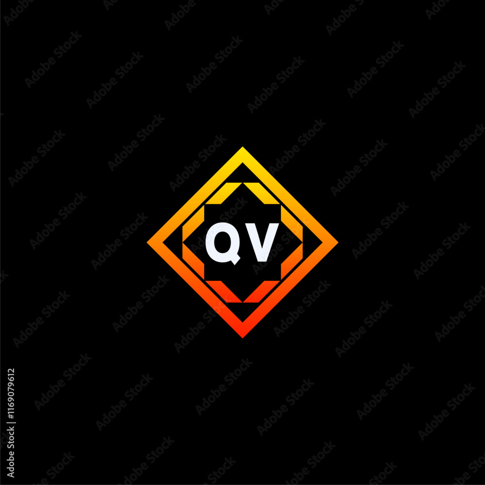 QV initials dynamic geometric logo design features a bold lettering sign in an orange and black color scheme, displayed against a dark background QV initials dynamic geometric logo design features a bold lettering sign in an orange and black color scheme, displayed against a dark background