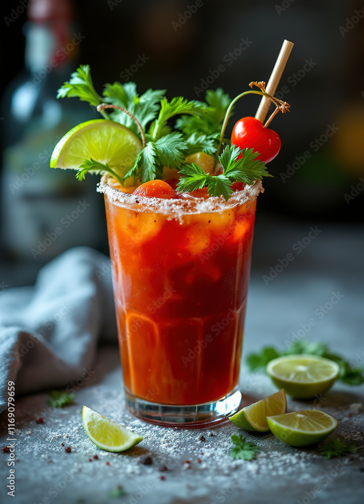 Bloody mary cocktail topped with variety of generous garnishes Bloody mary cocktail topped with variety of generous garnishes