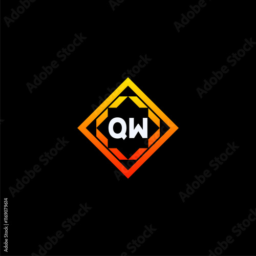 Free Download QW initials dynamic geometric logo design features a bold lettering sign in an orange and black color scheme, displayed against a dark background - GFXLoad