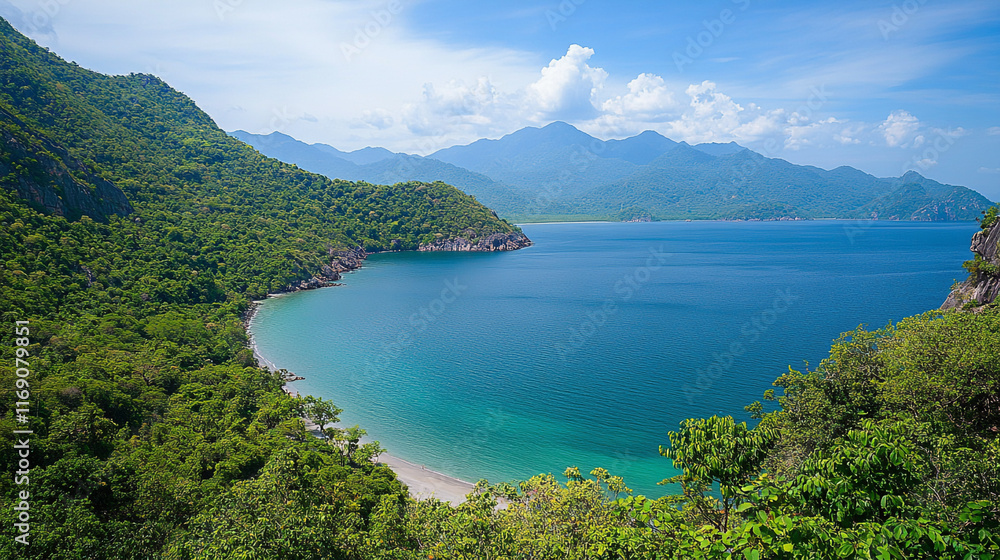 Scenic coastline with lush greenery and clear blue waters in a tropical setting Scenic coastline with lush greenery and clear blue waters in a tropical setting
