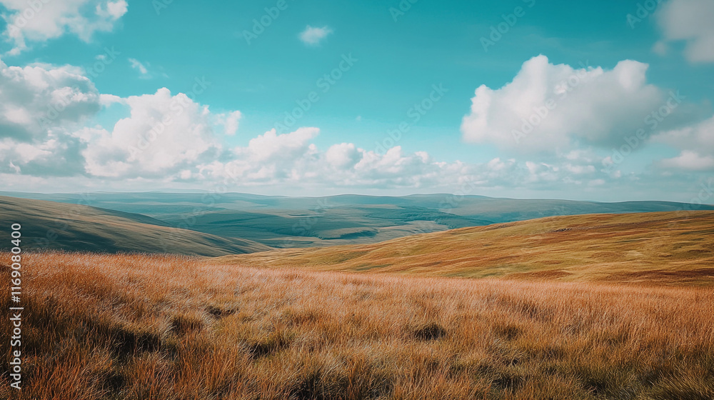 Obraz premium Vast green valleys under a blue sky with scattered clouds in a tranquil landscape