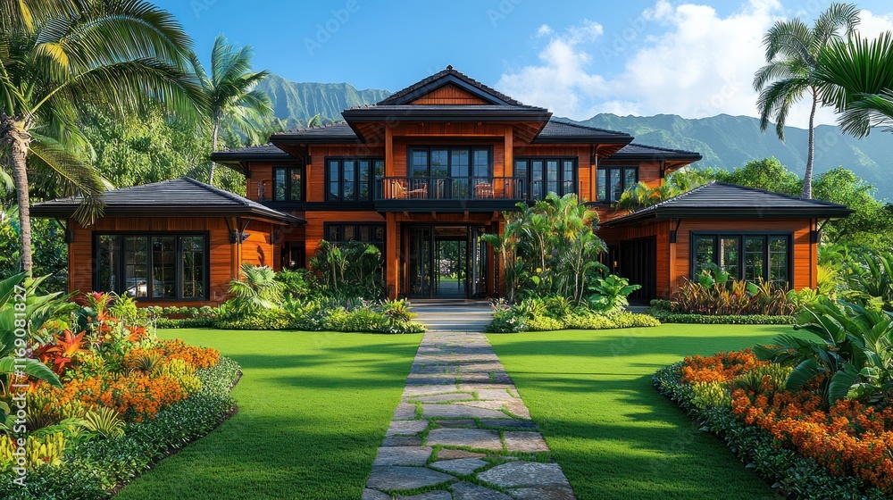 Fototapeta premium Luxurious tropical home with expansive lawn, stone path, and vibrant landscaping.
