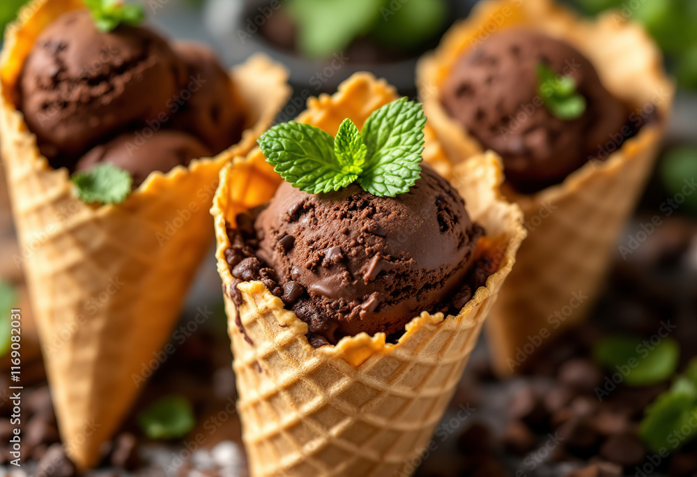 Chocolate ice cream in waffle cones with fresh mint Chocolate ice cream in waffle cones with fresh mint