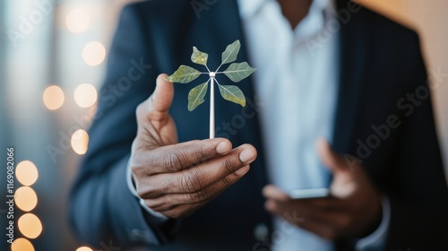 Empowering Change: A leaf-shaped windmill in the hands of Business Leader Keynote on Sustainable Development and Renewable Energy at Global ESG Conference photo