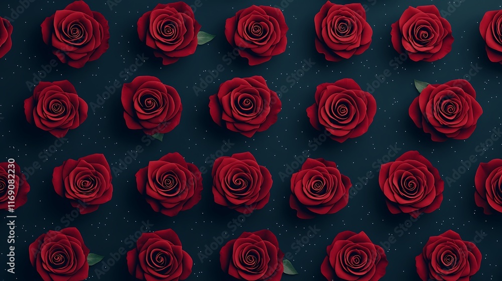 Dark background with many red roses arranged in a repeating pattern. Dark background with many red roses arranged in a repeating pattern.