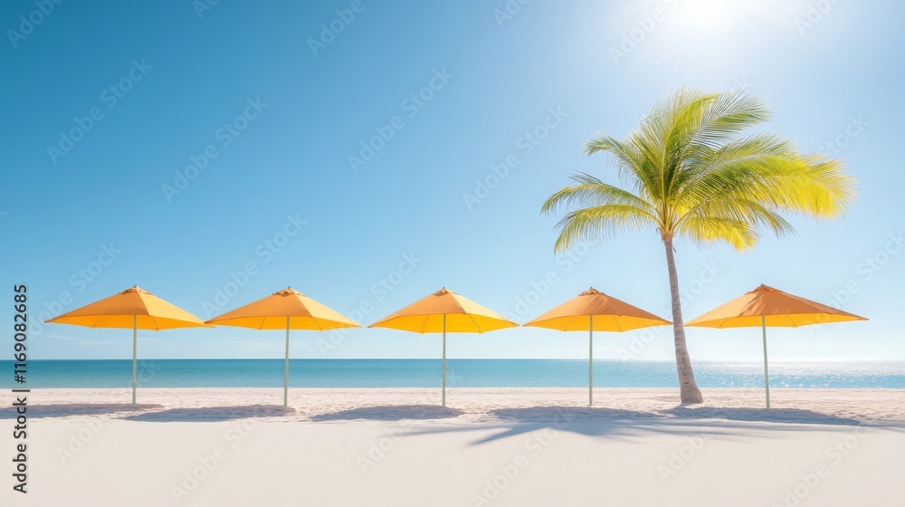 Fototapeta premium Sunny Beach Vacation Yellow Umbrellas Palm Tree Ocean View