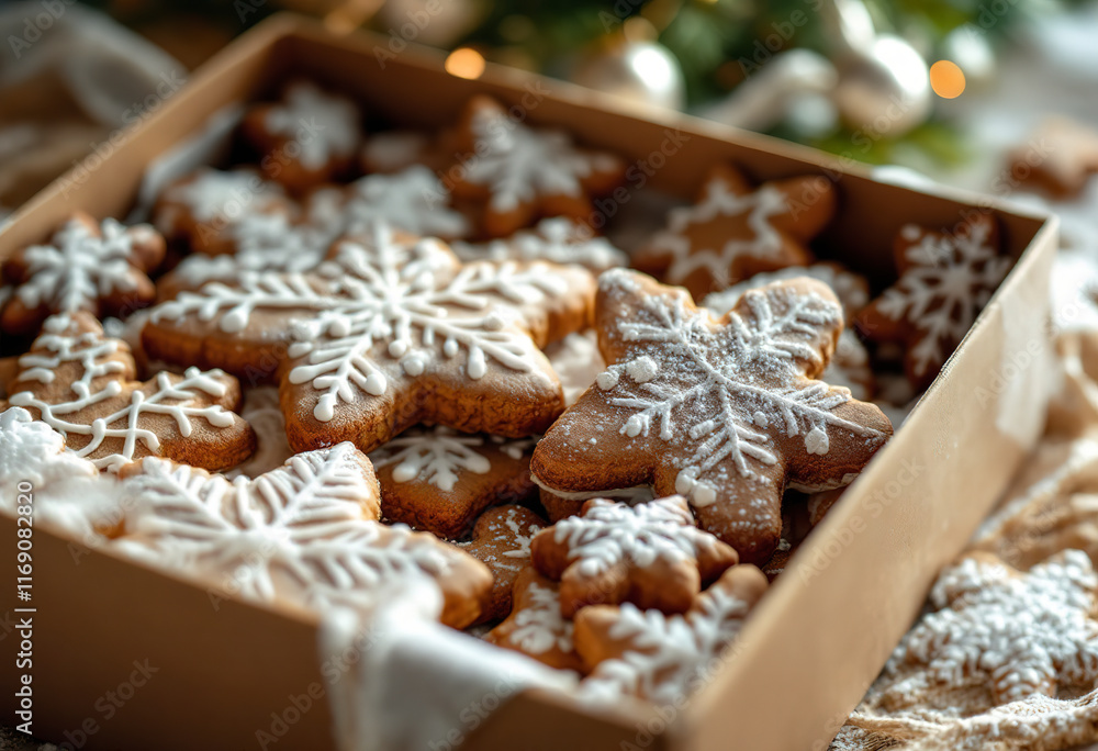 Christmas sugar and gingerbread cookies decorated with royal icing in a box or tin Christmas sugar and gingerbread cookies decorated with royal icing in a box or tin