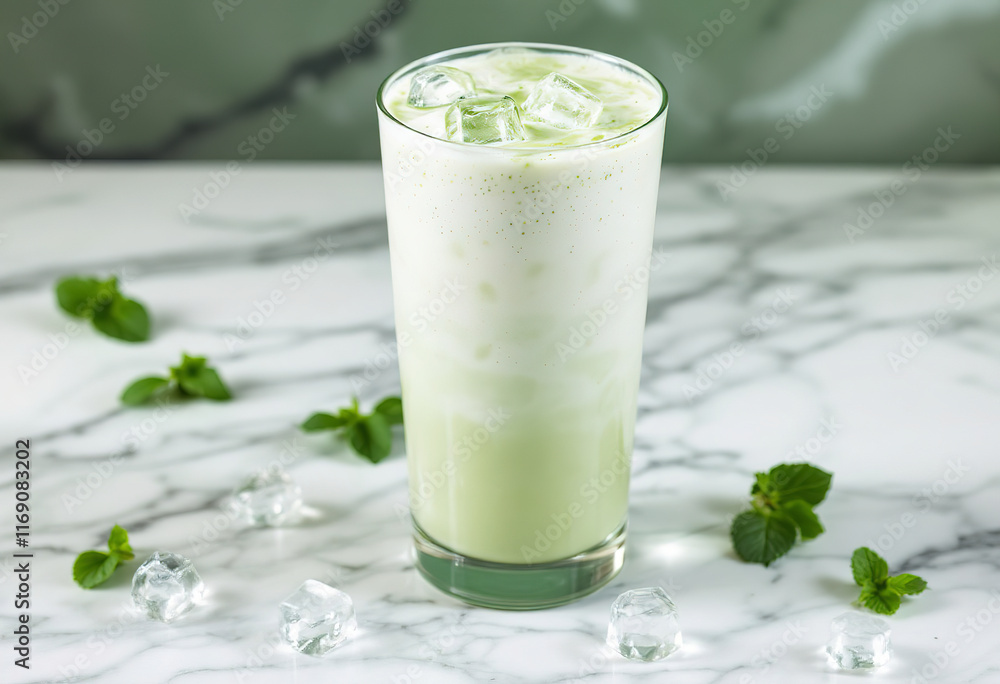 Cold matcha latte in a tall glass with ice on marble background Cold matcha latte in a tall glass with ice on marble background