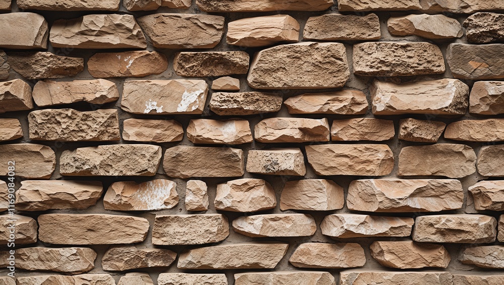Fototapeta premium Stone Wall with Light Brown Rock Texture, Showcasing Natural Variations and a Rustic, Earthy Aesthetic Perfect for Adding Depth and Warmth to Any Space