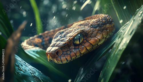 A wild snake slithering beneath a leaf, set against a jungle backdrop with sharp textures and lighting photo