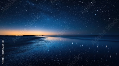 Clear night sky over tranquil water reflection at the edge of the beach during twilight hours