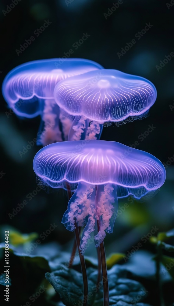 Trio of Bioluminescent Jellyfish A Captivating Underwater Spectacle in Vibrant Purple Trio of Bioluminescent Jellyfish A Captivating Underwater Spectacle in Vibrant Purple