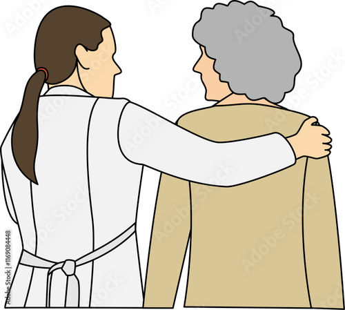 A caregiver with her arm gently around an elderly woman showcasing compassion, caregiving, and support for seniors in elder care services, senior assistance, medical and healthcare campaigns