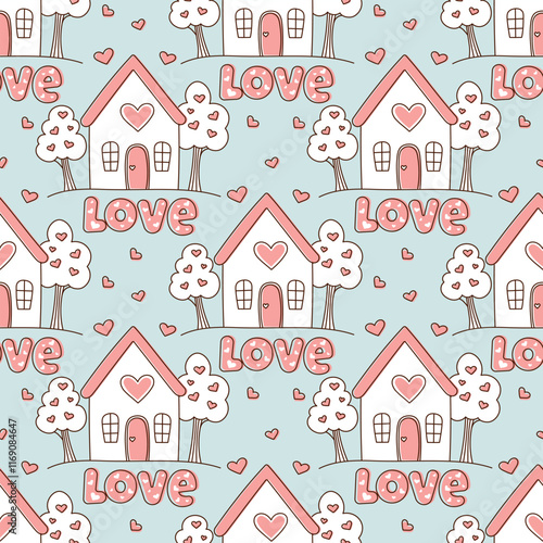 Seamless pattern with house for lovers on blue background. Concept of tenderness and love. Cute background for valentine's day, wedding decor, birthday. Modern print for wrapping paper, fabric