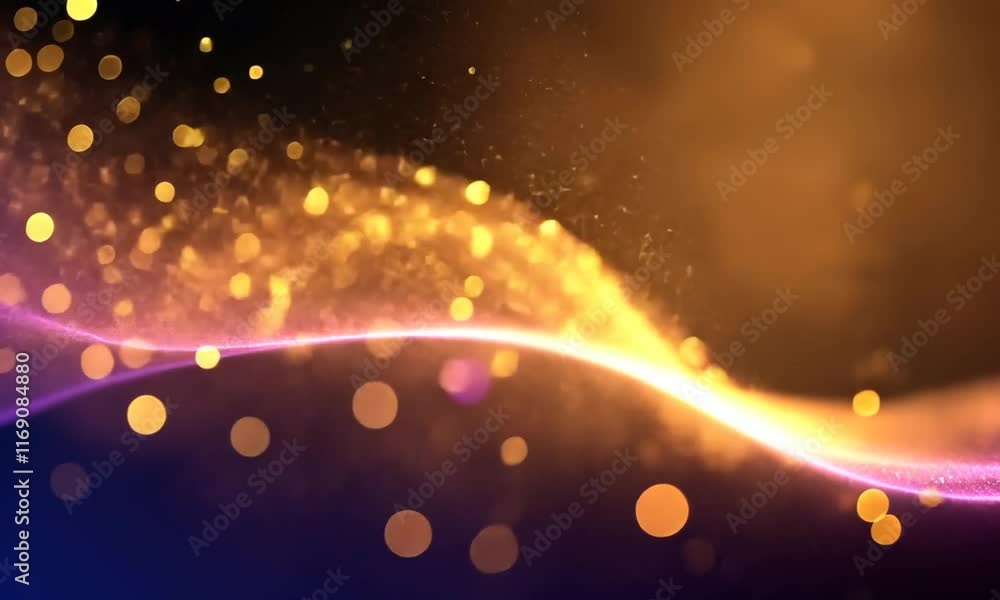 
Vague lumineuse fluide particules dorées fond dégradé violet et orange, visuel abstrait moderne avec espace négatif copyspace pour innovation technologique, data, réseau ou communication digitale