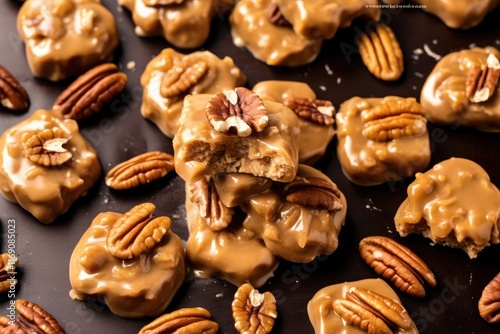 A gourmet chocolate praline filled with crunchy pecans, with a glossy chocolate coating walnut candies on dark wooden