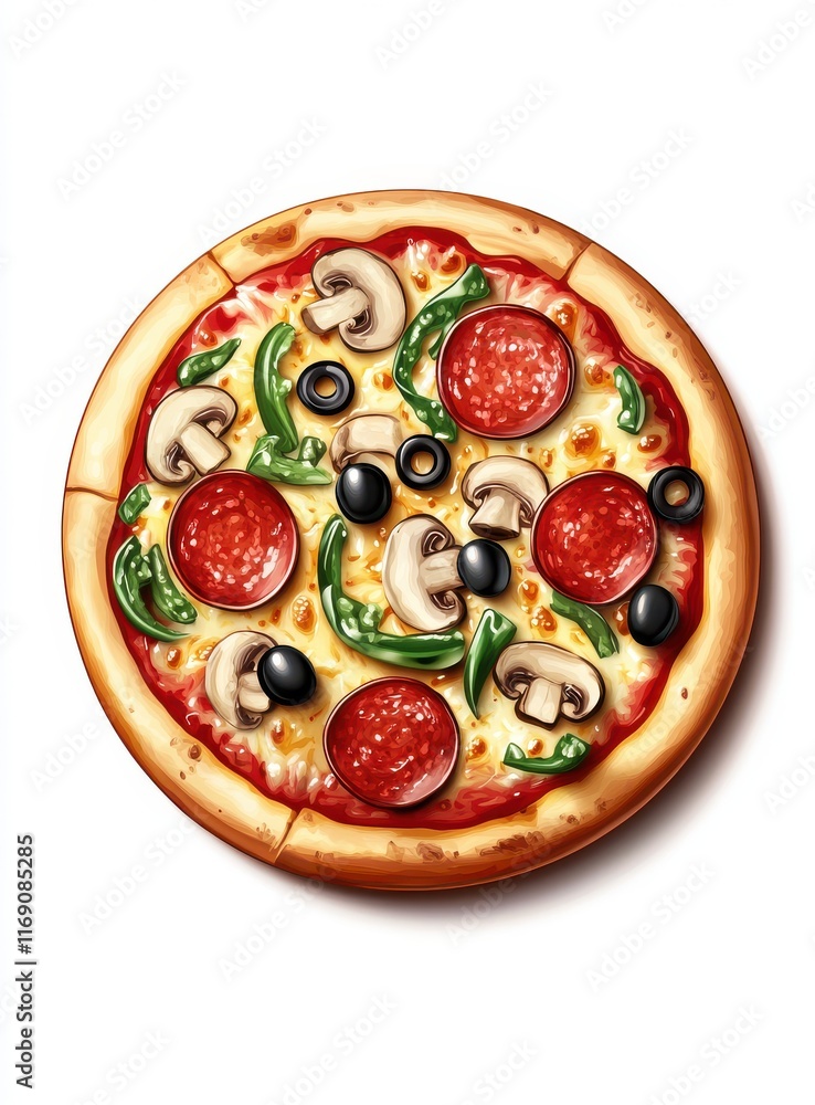 Delicious and Colorful Pepperoni Pizza Topped with Olives, Mushrooms, and Green Peppers on a White Background for Culinary and Food Design Projects Delicious and Colorful Pepperoni Pizza Topped with Olives, Mushrooms, and Green Peppers on a White Background for Culinary and Food Design Projects