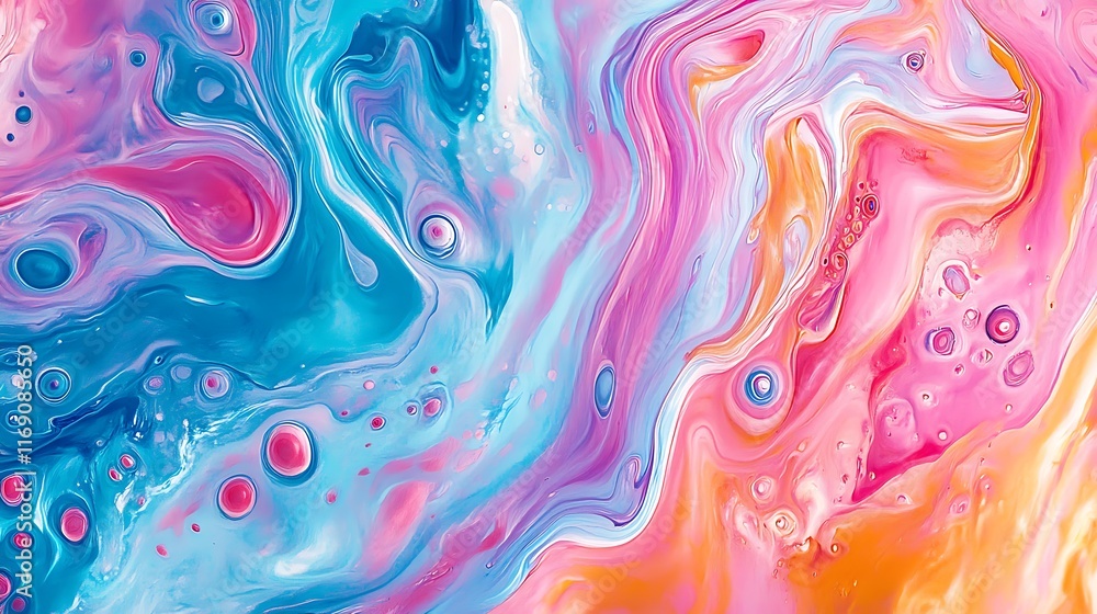 Abstract Fluid Acrylic Painting: Swirls of Pink, Blue, and Orange Abstract Fluid Acrylic Painting: Swirls of Pink, Blue, and Orange