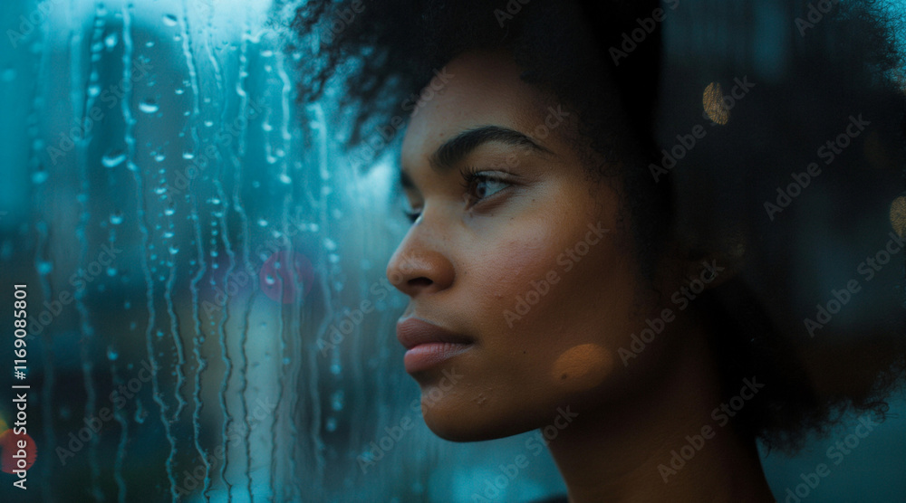 Reflective Woman Gazing Through Rain-Soaked Window at Dusk Reflective Woman Gazing Through Rain-Soaked Window at Dusk