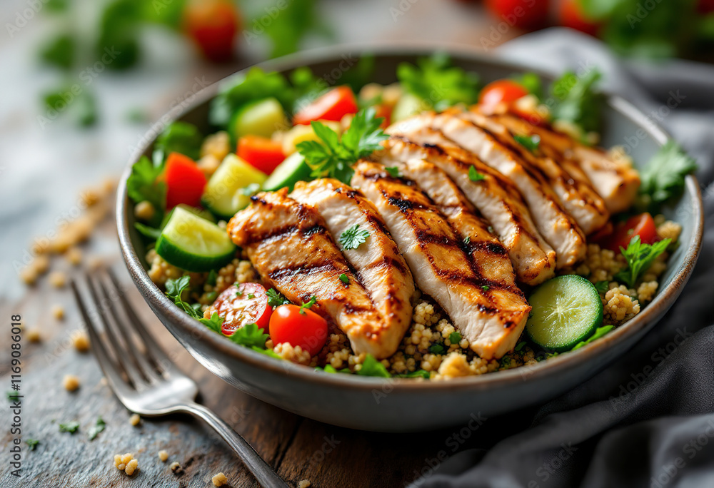 Fresh quinoa tabbouleh salad with grilled chicken, tomatoes and cucumbers, healthy lunch bowl Fresh quinoa tabbouleh salad with grilled chicken, tomatoes and cucumbers, healthy lunch bowl