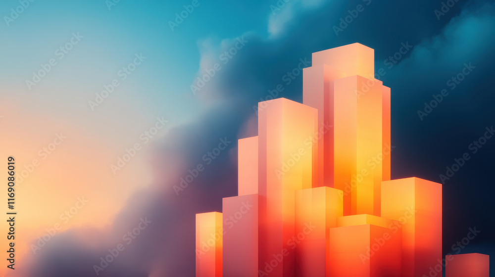 Fototapeta premium Surreal skyline with glowing buildings against dramatic sky