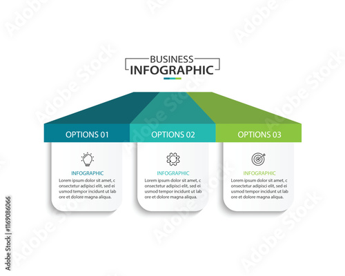 Design template for vector infographic labels with icons and 3 options or steps.