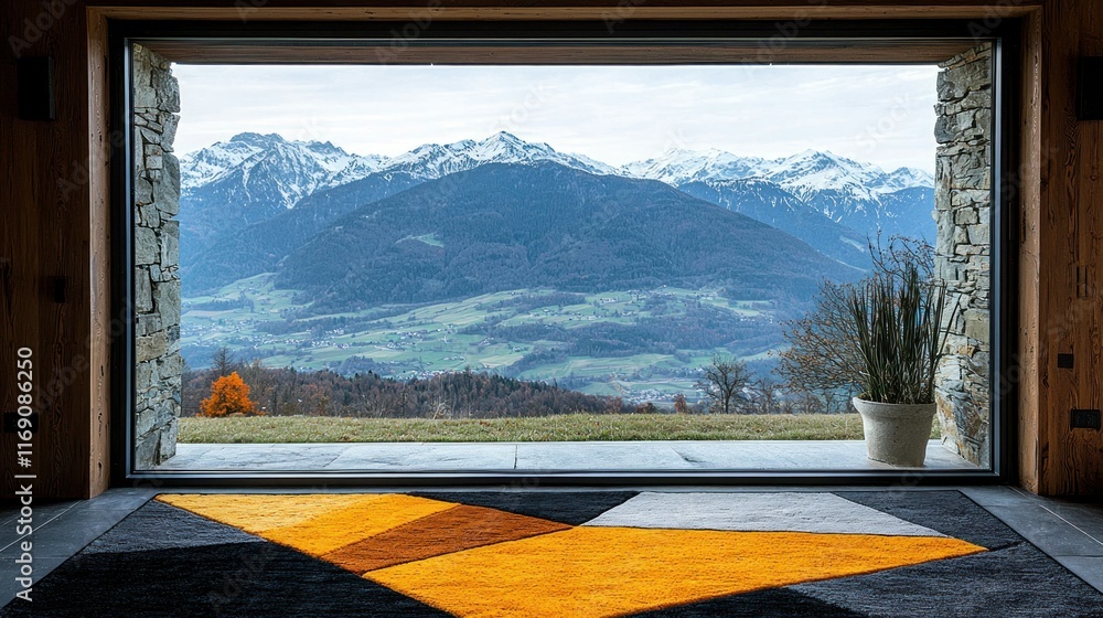 Fototapeta premium Scenic mountain view framed by modern architecture.