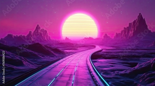 Futuristic Highway Leading Towards A Vibrant Sunset photo