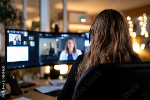 A woman with long hair is focused on her computer screen, participating in a video conference, showcasing the growing trend of remote work and digital communication. photo