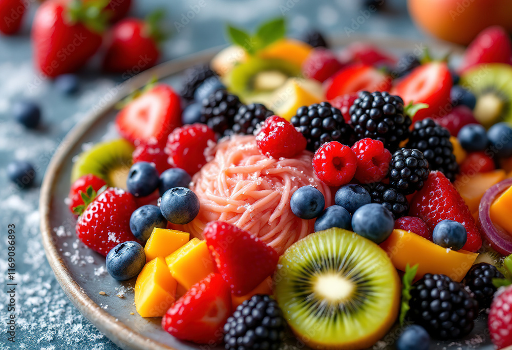 Fruit plate with variety of berries, mango and kiwi Fruit plate with variety of berries, mango and kiwi