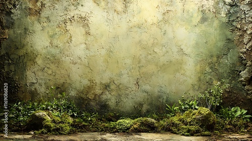 Rustic textured wall with mossy plants and stones.
