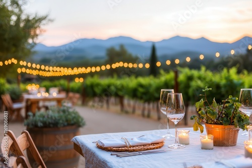 Food and travel combine adventure with gourmet experiences. Outdoor dining setup with vineyard backdrop and string lights at sunset. photo