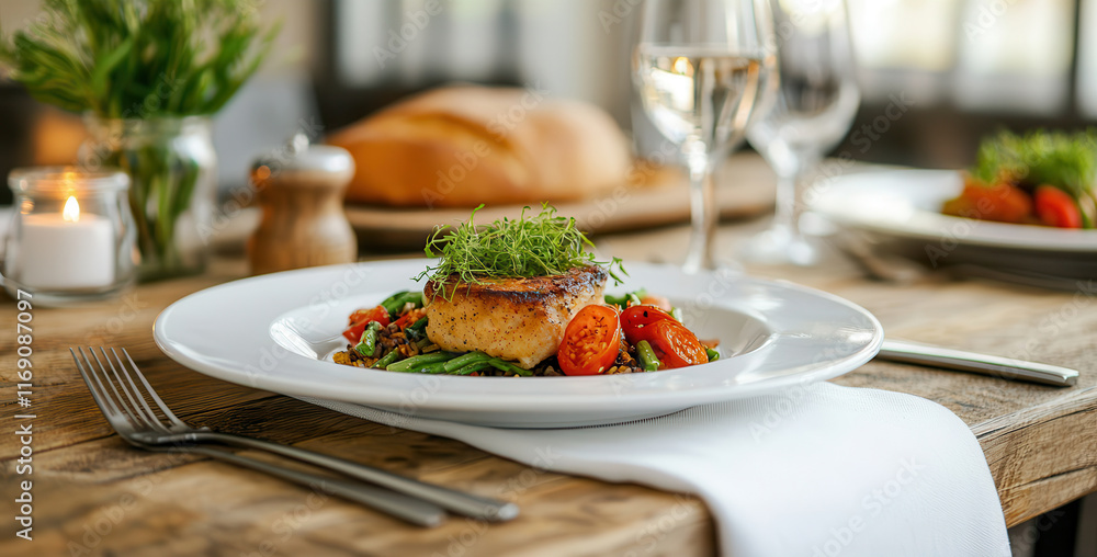 Food and travel combine adventure with gourmet experiences. Delicious plated fish dish with vegetables and wine on a table. Food and travel combine adventure with gourmet experiences. Delicious plated fish dish with vegetables and wine on a table.
