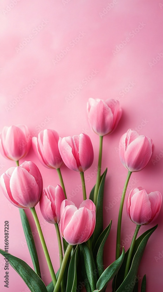 Fototapeta premium Delicate pink tulips arranged elegantly on a soft pink background, ideal for spring-themed greetings, Mother's Day, or floral sale promotions.