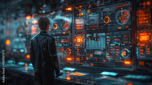 A person in a dark room, staring at a large screen filled with glowing orange and blue data. AI generative. .