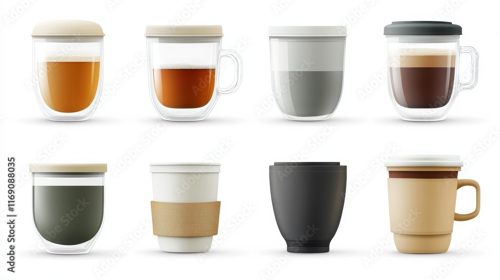 Various cup with tea, coffee and winter warming drink set. Aroma beverage in glass, ceramic porcelain, disposable cardboard takeaway mug assortment vector illustration isolated on white background Various cup with tea, coffee and winter warming drink set. Aroma beverage in glass, ceramic porcelain, disposable cardboard takeaway mug assortment vector illustration isolated on white background