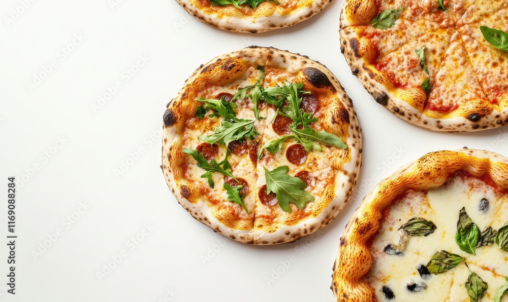 Delicious assortment of fresh homemade pizzas featuring crispy crust, rich toppings, and vibrant basil leaves on a clean white background, perfect for food lovers and culinary enthusiasts. Delicious assortment of fresh homemade pizzas featuring crispy crust, rich toppings, and vibrant basil leaves on a clean white background, perfect for food lovers and culinary enthusiasts.