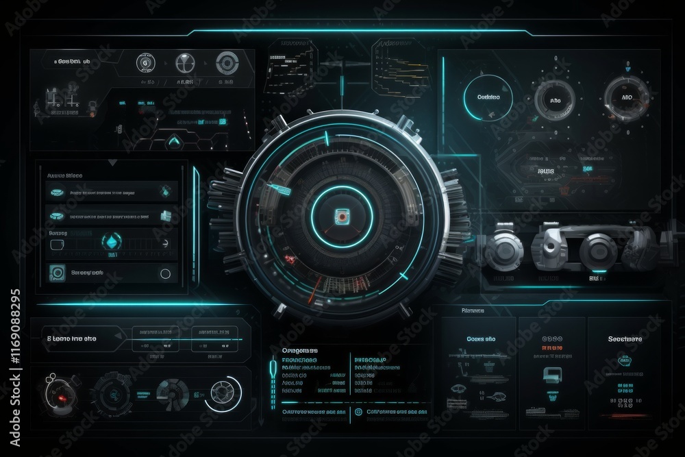 Futuristic user interface with a circular display and various digital panels. AI generative. . Futuristic user interface with a circular display and various digital panels. AI generative. .