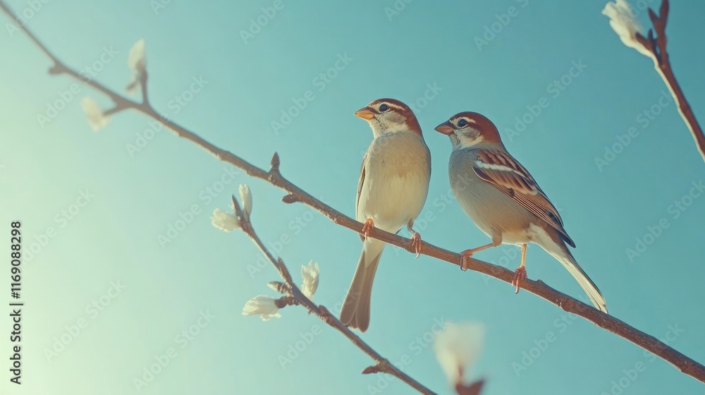 Two sparrows perched on a blossoming branch against a clear blue sky. Two sparrows perched on a blossoming branch against a clear blue sky.