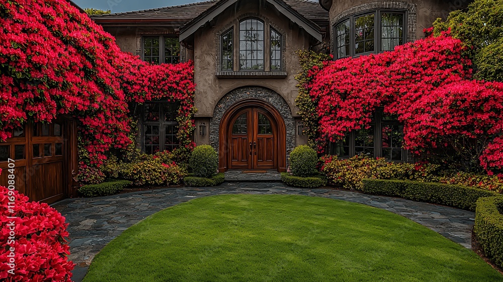 Obraz premium Luxurious home entrance with vibrant red flowers and manicured lawn.