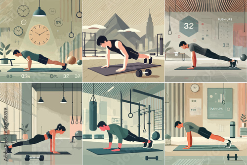 A person doing push-ups on a yoga mat in a modern gym, using a minimalist background with flat design elements and muted colors