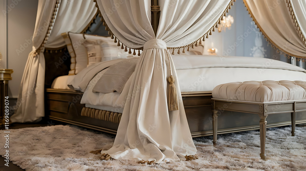 Four-Poster Bed with Ivory Curtains and Upholstered Bench Four-Poster Bed with Ivory Curtains and Upholstered Bench