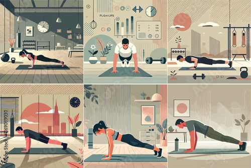 A person doing push-ups on a yoga mat in a modern gym, using a minimalist background with flat design elements and muted colors