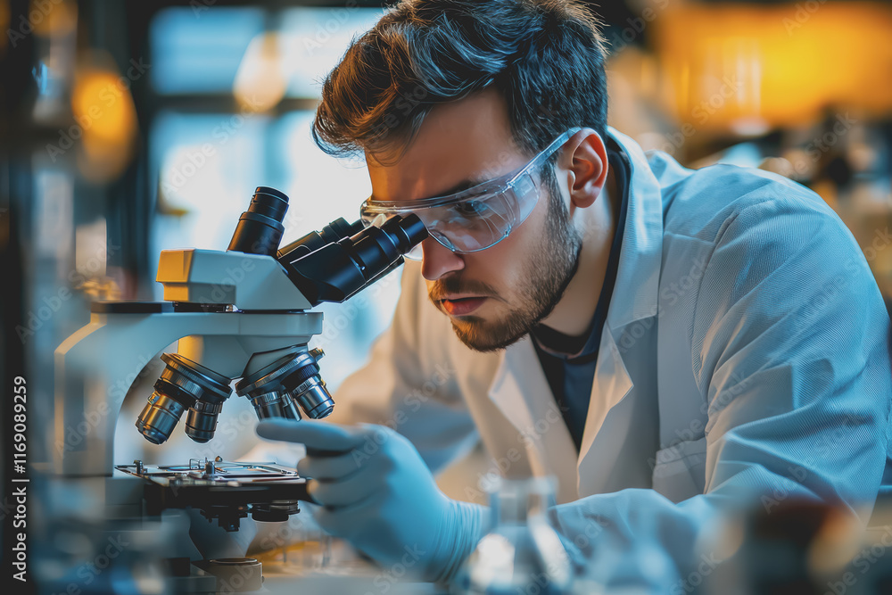 A close-up of a scientist working in a high-tech laboratory, examining samples under a microscope. A close-up of a scientist working in a high-tech laboratory, examining samples under a microscope.