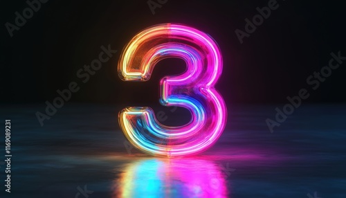 Neon Number Three: Shiny Interior Display Of Glass Symbol 3 Shape. Top Chart In Rendered Design With Radiant Glow.