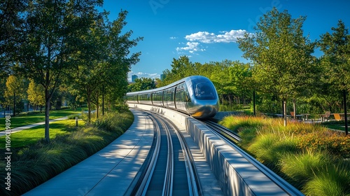 Modern Train Approaching on Track Surrounded by Greenery and Sky photo